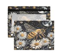 Mnsruu Honey Bee Daisies 3 Rings Binder Pouch Pencil Case, 2 Pack Pencil Pouches with Zipper, Clear Window Cosmetic Bag