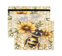 Mnsruu Honey Bee Flowers 3 Rings Binder Pouch Pencil Case, 2 Pack Pencil Pouches with Zipper, Clear Window Cosmetic Bag