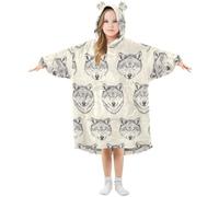 Mnsruu Hooded Blanket for Kids Wolf Head Beige Pattern Oversized Blanket Hoodie Warm Plush Wearable Fleece Sweatshirt for Girls Boys with Pocket Cute Ear Cap