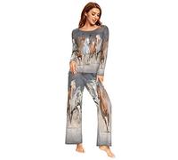 Mnsruu Horse Desert Dust Artwork Pajamas Set for Women 2 Piece Long Sleeve Sleepwear Nightwear Lounge Sets L Multicolor