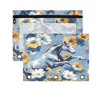 Mnsruu Horse Yellow Flower 3 Rings Binder Pouch Pencil Case, 2 Pack Pencil Pouches with Zipper, Clear Window Cosmetic Bag