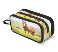 Mnsruu Horse Yellow Flower Field Pencil Case Large Capacity Pen Pouch Pencil Bag with 3 Compartments Pen Holder Organizer Stationery Bag
