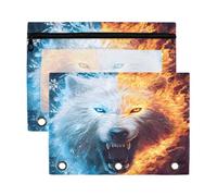Mnsruu Ice and Fire Wolf 3 Rings Binder Pouch Pencil Case, 2 Pack Pencil Pouches with Zipper, Clear Window Cosmetic Bag