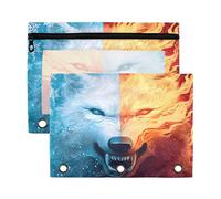 Mnsruu Ice Fire Wolf 3 Rings Binder Pouch Pencil Case, 2 Pack Pencil Pouches with Zipper, Clear Window Cosmetic Bag