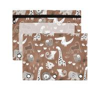 Mnsruu Jungle Animal Sloth Brown 3 Rings Binder Pouch Pencil Case, 2 Pack Pencil Pouches with Zipper, Clear Window Cosmetic Bag