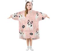 Mnsruu Kids Oversized Blanket Hoodie,Cartoon French Bulldog Warm Fleece Sweatshirt Plush Wearable for Girls Boys, Front Roomy Pocket, Cute Ear Cap, Medium