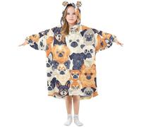 Mnsruu Kids Oversized Blanket Hoodie, Dog Seamless Pattern Warm Plush Wearable Blanket Hoodie Fleece Sweatshirt for Girls Boys with Roomy Pocket Cute Ear Cap Multi