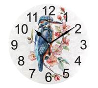 Mnsruu Kingfisher Bird with Flowers Wall Clock Non Ticking Silent Kitchen Clock Battery Operated Clocks Round Decorative for Living Room Bedroom Bathroom Home Office