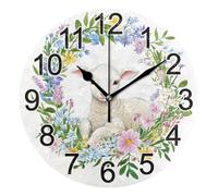 Mnsruu Lamb Sheep Flowers Wall Clock Non Ticking Silent Kitchen Clock Battery Operated Clocks Round Decorative for Living Room Bedroom Bathroom Home Office
