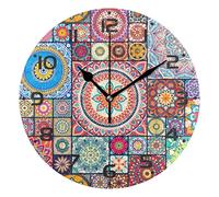 Mnsruu Large 25 CM Wall Clock, Moroccan Bohemian Pink Tribal Silent Atomic Analog Clock, Battery Operated, Non Ticking, Kitchen, Classroom, Home Decor