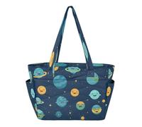 Mnsruu Large Tote Bag for Women Happy Planet Quilted Shoulder Handbag with Zipper for Travel Work Sports