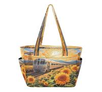 Mnsruu Large Tote Bag for Women Sunflowers Beside The Train Quilted Shoulder Handbag with Zipper for Travel Work Sports