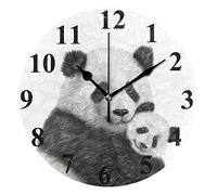 Mnsruu Large Wall Clock,Cute Hand Drawn Panda Bear Non Ticking Silent Clocks,Battery Operated Decorative Clock 10 Inch for Kitchen, Living Room Cherry Blossoms