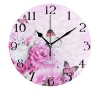 Mnsruu Large Wall Clocks, Pink Rose Flower Butterfly Non Ticking 25cm Clock Silent Clocks Atomic Analog Clocks Living Room Kitchen Bedroom Office Home Decor Easy to Read