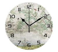 Mnsruu Large Wall Clocks, Spring Willow Chinese Wind Bird Battery Operated Non Ticking 10 inch Clock Silent Art Bedroom Kitchen Clock Atomic Analog Clocks Home Decor, 25 x 25 CM
