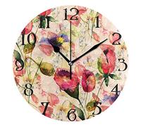 Mnsruu Large Wall Clocks, Summer Flowers Poppy Non Ticking 25cm Clock Silent Clocks Atomic Analog Clocks Living Room Kitchen Bedroom Office Home Decor Easy to Read