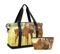 Mnsruu Large Weekender Overnight Bag,Travel Duffle Bag with Shoe Compartment & Wet Pocket, A Horse with Two Foals Gym Duffel Bag with Toiletry Bag