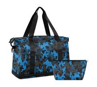 Mnsruu Large Weekender Overnight Bag,Travel Duffle Bag with Shoe Compartment & Wet Pocket, Blue Camouflage Gym Duffel Bag with Toiletry Bag