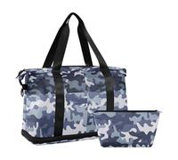 Mnsruu Large Weekender Overnight Bag,Travel Duffle Bag with Shoe Compartment & Wet Pocket, Blue Gray Camouflage Pattern Gym Duffel Bag with Toiletry Bag