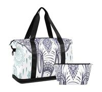 Mnsruu Large Weekender Overnight Bag,Travel Duffle Bag with Shoe Compartment & Wet Pocket, Boho Elephant Paisley Art Gym Duffel Bag with Toiletry Bag