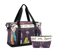 Mnsruu Large Weekender Overnight Bag,Travel Duffle Bag with Shoe Compartment & Wet Pocket, Boho Style Illustration of Dreamcatcher Gym Duffel Bag with Toiletry Bag