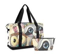 Mnsruu Large Weekender Overnight Bag,Travel Duffle Bag with Shoe Compartment & Wet Pocket, Cute Cartoon Tribal Raccoon and Owl with Feather Gym Duffel Bag with Toiletry Bag