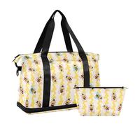 Mnsruu Large Weekender Overnight Bag,Travel Duffle Bag with Shoe Compartment & Wet Pocket, Cute Honeycomb with Bee Bumble Gym Duffel Bag with Toiletry Bag