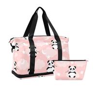 Mnsruu Large Weekender Overnight Bag,Travel Duffle Bag with Shoe Compartment & Wet Pocket, Cute Pandas White Stars Moons Pink Gym Duffel Bag with Toiletry Bag