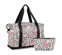 Mnsruu Large Weekender Overnight Bag,Travel Duffle Bag with Shoe Compartment & Wet Pocket, Cute Rose Flower Leopard Cheetah Gym Duffel Bag with Toiletry Bag