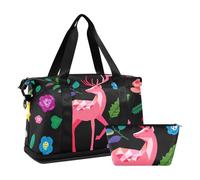 Mnsruu Large Weekender Overnight Bag,Travel Duffle Bag with Shoe Compartment & Wet Pocket, Lovely Colorful Elk with Flowers Gym Duffel Bag with Toiletry Bag