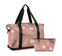 Mnsruu Large Weekender Overnight Bag,Travel Duffle Bag with Shoe Compartment & Wet Pocket, Magical Sun Crescent Stars Astrology Gym Duffel Bag with Toiletry Bag