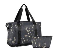Mnsruu Large Weekender Overnight Bag,Travel Duffle Bag with Shoe Compartment & Wet Pocket, Moons and Stars Black Gym Duffel Bag with Toiletry Bag