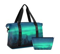 Mnsruu Large Weekender Overnight Bag,Travel Duffle Bag with Shoe Compartment & Wet Pocket, Northern Lights Gym Duffel Bag with Toiletry Bag