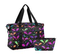 Mnsruu Large Weekender Overnight Bag,Travel Duffle Bag with Shoe Compartment & Wet Pocket, Purple Bright Bat Gothic Gym Duffel Bag with Toiletry Bag