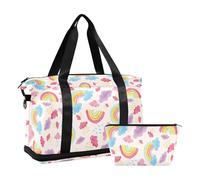 Mnsruu Large Weekender Overnight Bag,Travel Duffle Bag with Shoe Compartment & Wet Pocket, Rainbow Colorful Clouds Raindrops Gym Duffel Bag with Toiletry Bag