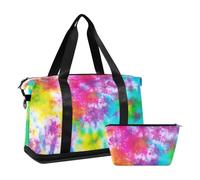 Mnsruu Large Weekender Overnight Bag,Travel Duffle Bag with Shoe Compartment & Wet Pocket, Rainbow Tie Dye Spiral Iridescent Dharma Dye Gym Duffel Bag with Toiletry Bag