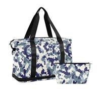 Mnsruu Large Weekender Overnight Bag,Travel Duffle Bag with Shoe Compartment & Wet Pocket, Stylish Blue and White Camouflage Gym Duffel Bag with Toiletry Bag
