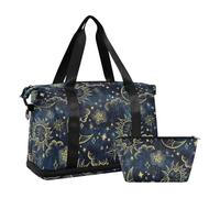 Mnsruu Large Weekender Overnight Bag,Travel Duffle Bag with Shoe Compartment & Wet Pocket, Sun Moon Boho Cosmos Astrology Gym Duffel Bag with Toiletry Bag