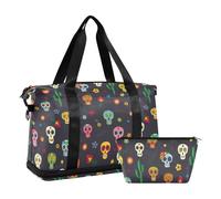 Mnsruu Large Weekender Overnight Bag,Travel Duffle Bag with Shoe Compartment & Wet Pocket, Vector Pattern Mexican Sugar Skulls on A Dark Back Gym Duffel Bag with Toiletry Bag