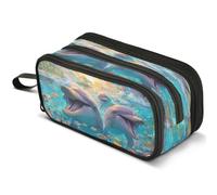 Mnsruu Laughing Dolphins Pencil Case Large Capacity Pen Pouch Pencil Bag with 3 Compartments Pen Holder Organizer Stationery Bag