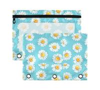 Mnsruu Little White Daisy Pattern 3 Rings Binder Pouch Pencil Case, 2 Pack Pencil Pouches with Zipper, Clear Window Cosmetic Bag