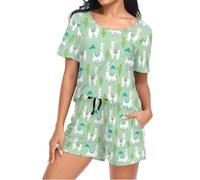 Mnsruu Llama Alpaca Cactus Mountain Green Womens Pyjamas Sets Short Sleeves, Ladies Pajamas Pjs Set Loungewear with Pocket Size M