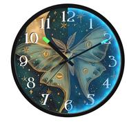 Mnsruu Luminous Wall Clock Green Luna Moth Moon Star Floral Bedroom Clocks Battery Operated Silent Glow in the Dark Clock for Living Room Kitchen 12 Inch
