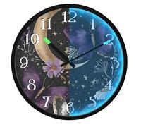 Mnsruu Luminous Wall Clock Luna Moth Moon Purple Flowers Bedroom Clocks Battery Operated Silent Glow in the Dark Clock for Living Room Kitchen 12 Inch