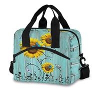 Mnsruu Lunch Bag, Sunflower Farm Wooden Insulated Lunch Box Cooler with Shoulder Strap School Picnic Snack Water Resistant Thermal, Bottle Holder, PBA Free