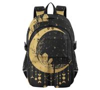 Mnsruu Magic Gold Moon Sun Stars Floral Boho School Backpack with Laptop Compartment, Big School Bag for Teenager Girls Boys, 17.5 Travel Rucksack Backpack for School Casual Daypacks College Work