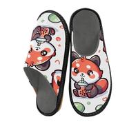 Mnsruu Men's Slipper Cute Red Panda with Bubble Tea Cartoon Seamless Pattern Warm Fuzzy House Slippers for Women Non-slip Indoor/Outdoor Soles