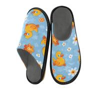 Mnsruu Men's Slipper Duckling Flower Pattern Warm Fuzzy House Slippers for Women Non-slip Indoor/Outdoor Soles