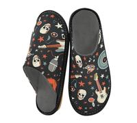 Mnsruu Men's Slipper Guitar Skull Blue and Orange Pattern Warm Fuzzy House Slippers for Women Non-slip Indoor/Outdoor Soles
