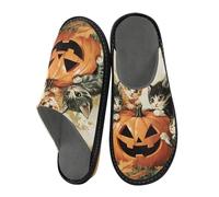 Mnsruu Men's Slipper Halloween Cats Pumpkin Leaf Warm Fuzzy House Slippers for Women Non-slip Indoor/Outdoor Soles